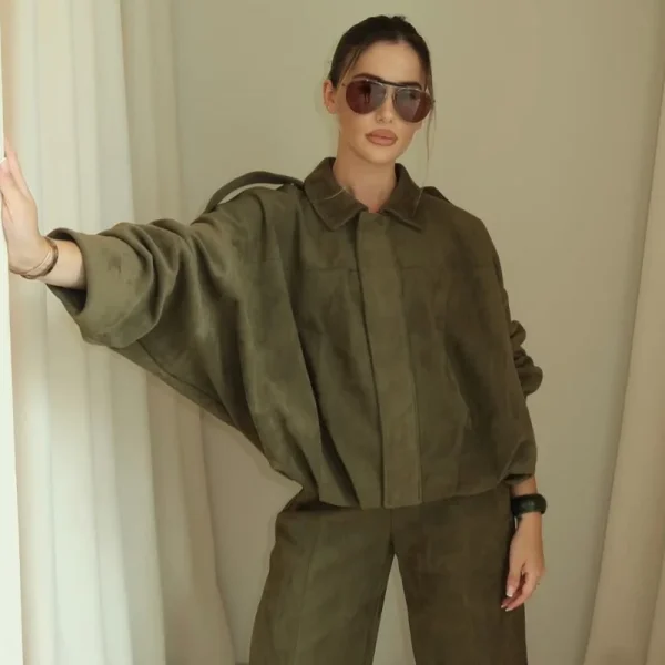 HXAO Giacca bomber da donna Giacca in pelle scamosciata con cerniera a maniche lunghe con risvolto Donna 2025 High Street Giacche da corsa corte Cappotti Capispalla 6