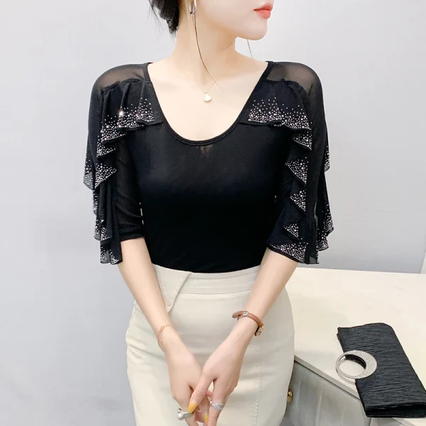 2025 Primavera Estate Maglia Top Moda coreana Girocollo Patchwork Foglia di loto Increspature Camicia Hot Diamond Donna T Shirt 5