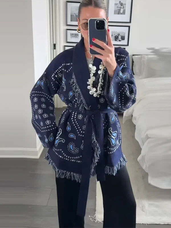 Nappe vintage Stampa Cardigan con stampa da donna Scollo a V Lace Up Manica intera Maglioni impiombati 2025 Autunno Lady All-match Kintwears 6
