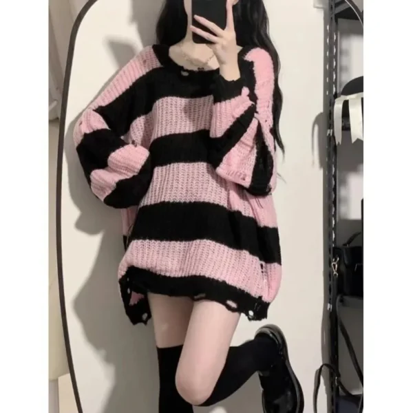 Primavera Autunno Nuovo maglione nero rosa da donna Primavera e autunno Top maglione lavorato a maglia a righe stile pigro allentato medio lungo 4