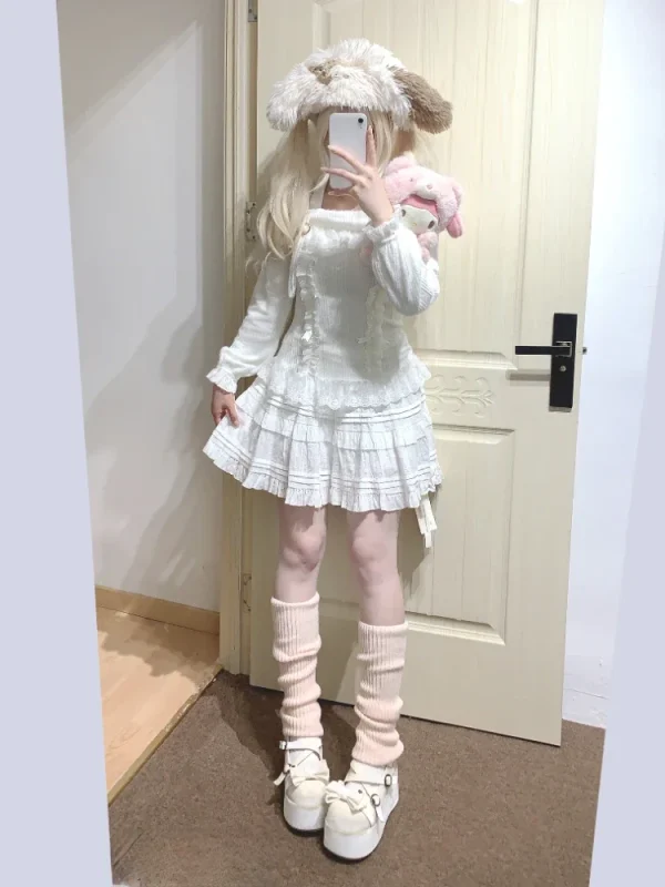 Lolita Maglione con spalle scoperte Donna 2025 Kawaii Patchwork di pizzo Y2k Estetico giapponese Bottoming Crop Top Pullover Maglieria 3