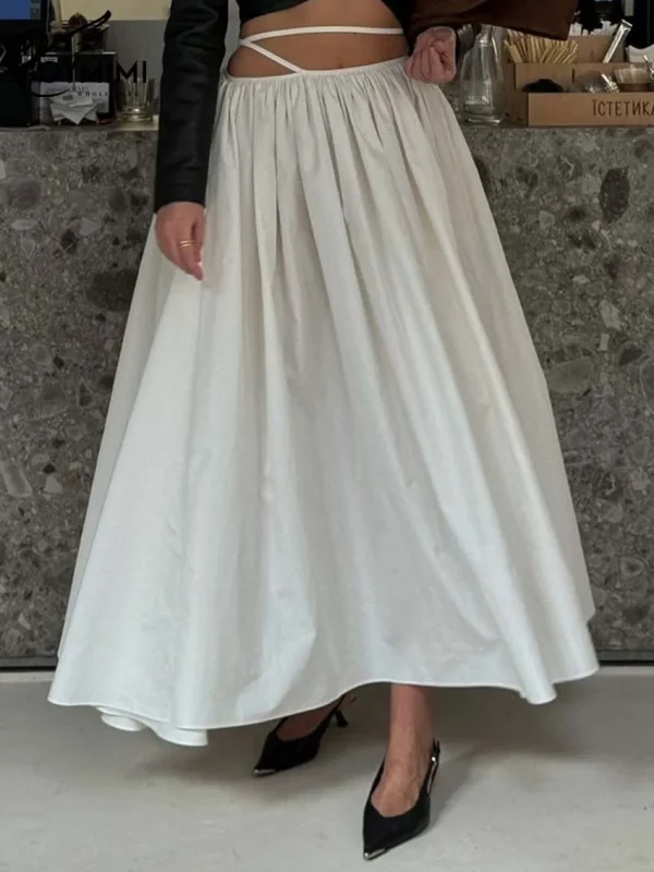 Oymimi Moda Gonna da donna in cotone bianco Elegante gonna a pieghe con lacci allentata Casual Nuove gonne a metà polpaccio solide Abbigliamento femminile 5