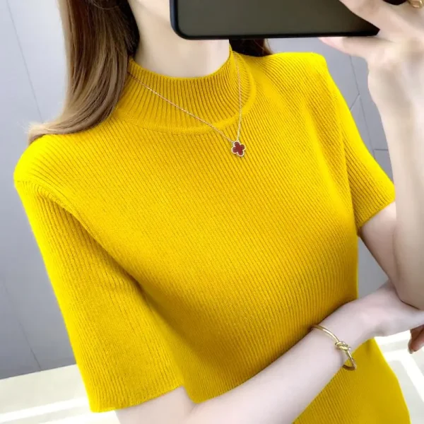 Elegante moda Harajuku Slim Fit abbigliamento femminile Casual tutto abbinato t-shirt solido dolcevita stile sottile maglioni manica corta 6
