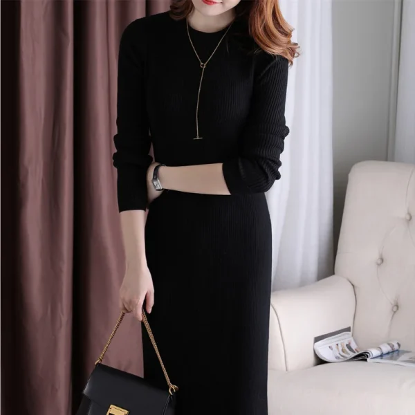 2023 Autunno/Inverno Versione coreana Nuovo girocollo Abito a maniche lunghe Slim Fit e moda Tinta unita Abito a trapezio di media lunghezza 2