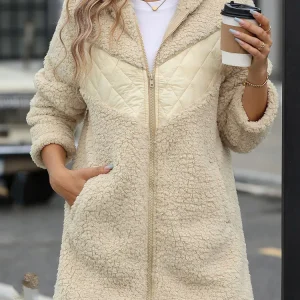 FairyShely 2025 Inverno Solido Patchwork Giacca da donna Spessa peluche con cappuccio Caldo manica lunga Cappotto lungo Cardigan con cerniera morbida Cappotto da donna 1