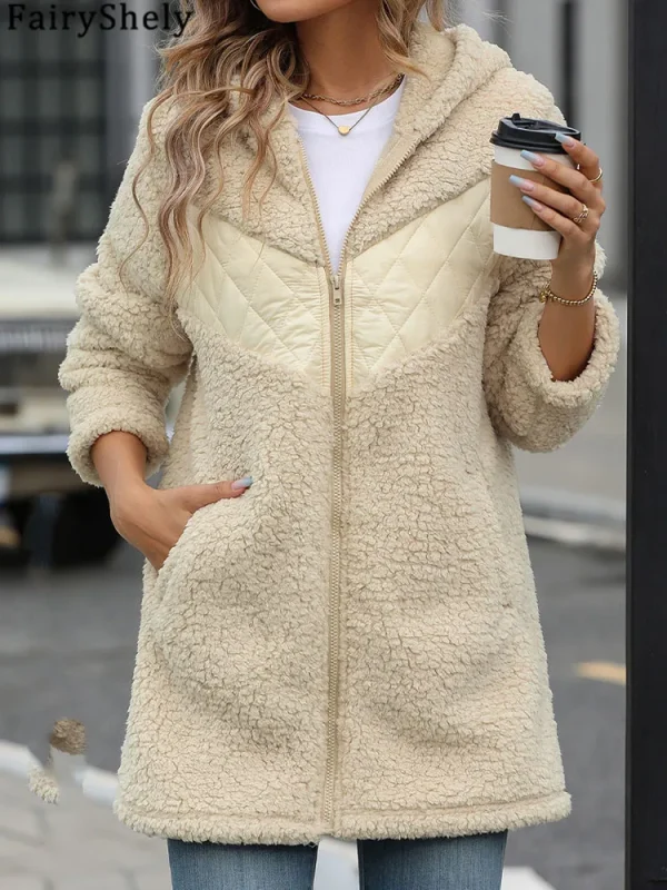 FairyShely 2025 Inverno Solido Patchwork Giacca da donna Spessa peluche con cappuccio Caldo manica lunga Cappotto lungo Cardigan con cerniera morbida Cappotto da donna 1