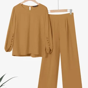 ZANZEA Donna Due Pezzi Outfit 2025 Moda Top a Manica Lunga Autunno Casual Solido A Vita Alta Pantaloni Lunghi Set 2PCS Abiti Tuta 1
