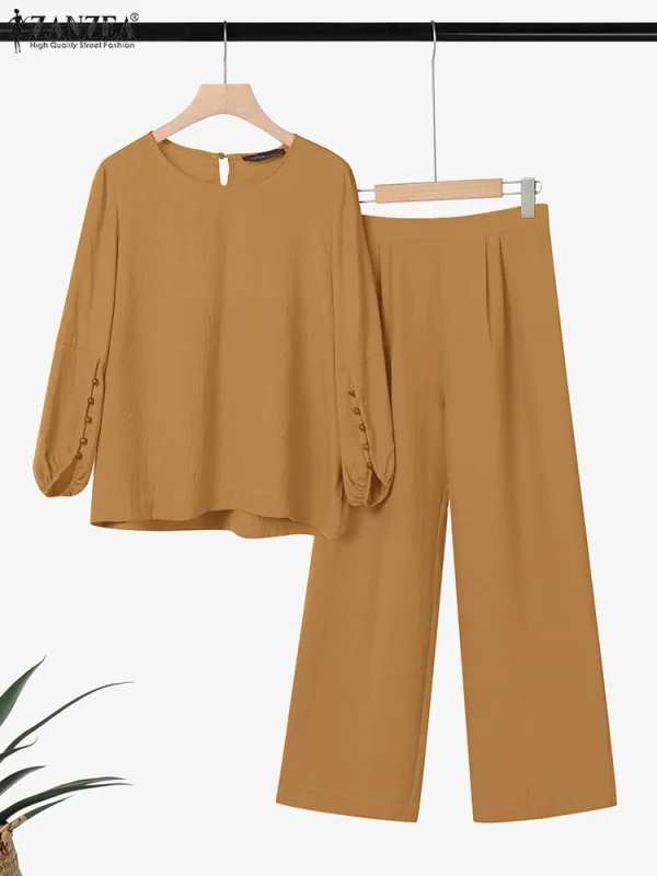 ZANZEA Donna Due Pezzi Outfit 2025 Moda Top a Manica Lunga Autunno Casual Solido A Vita Alta Pantaloni Lunghi Set 2PCS Abiti Tuta 1