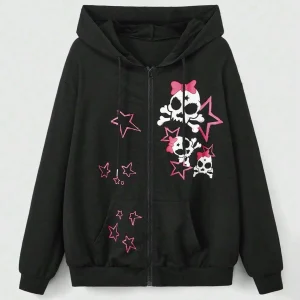 Felpa con cappuccio con cerniera stampata con stelle e teschi rosa dolce da donna Comodo abbigliamento ampio in pile caldo Abbigliamento sportivo femminile da strada casual 1