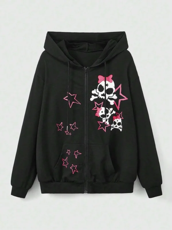 Felpa con cappuccio con cerniera stampata con stelle e teschi rosa dolce da donna Comodo abbigliamento ampio in pile caldo Abbigliamento sportivo femminile da strada casual 1