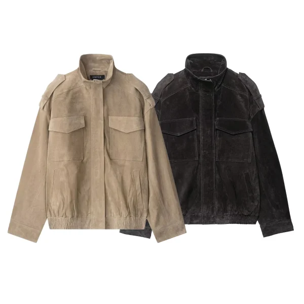 HH Giacca da donna in pelle strutturata scamosciata moda autunnale da strada tinta unita maniche lunghe collo alto con tasche cappotti vintage 6