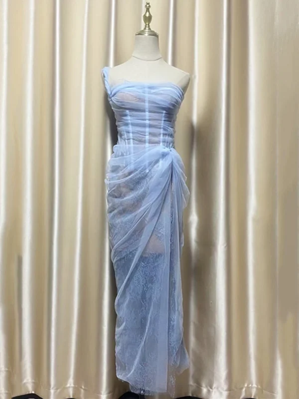 Elegante abito avvolgente in rete sul petto Abito primaverile da donna senza maniche con cinturino senza schienale Abito estivo a canotta lunga senza spalline a vita alta 5