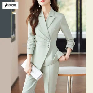 NAVIU Pantaloni da ufficio casual verdi per pendolarismo Set Giacca e pantaloni a due pezzi da donna slim a maniche lunghe elegante di nuova moda 1