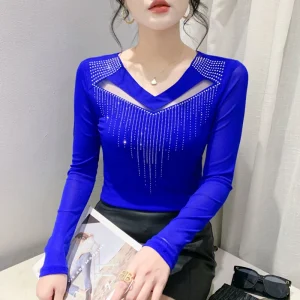Nuovo 2025 Primavera Autunno a maniche lunghe V-Nek T-shirt da donna Moda Sexy Scava Fuori Hot Drilling Mesh Top Blusas 1