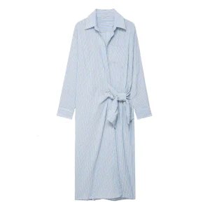 2025 autunno donna nuovo casual risvolto allentato camicia a maniche lunghe stile camicia a righe doppiopetto abito di media lunghezza 1