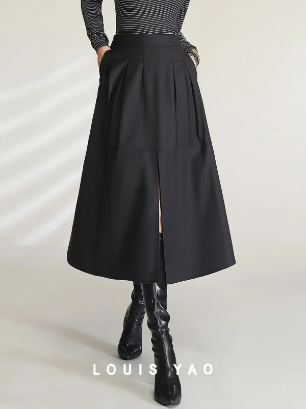 LOUIS YAO Gonne longuette nere eleganti da donna 2024 Vita alta Pendolarismo Casual Una linea Ombrello Gonna lunga con spacco e tasche 1