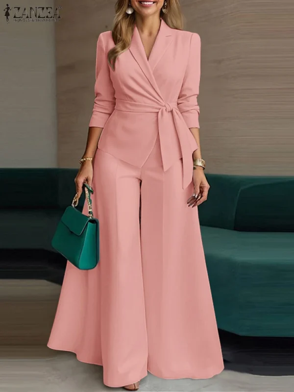 ZANZEA Elegante 2 Pezzi Set di Pantaloni a Maniche Lunghe con Cintura Giacca Leggera e Pantaloni a Gamba Larga 2 Pezzi Abiti da Ufficio Set da Pendolarismo da Donna 4