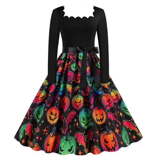 Abito di Halloween per donna colletto quadrato manica lunga stampa vintage festa da sera elegante autunno inverno vestito estivo midi 4
