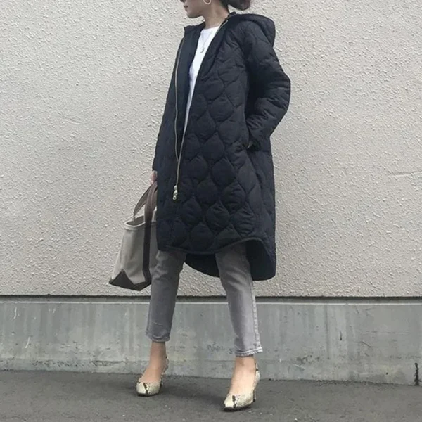 In magazzino Stile giapponese 2024 Inverno New Street Donna Manica lunga Con cappuccio Cerniera Cappotto caldo di media lunghezza Inverno Donna 2