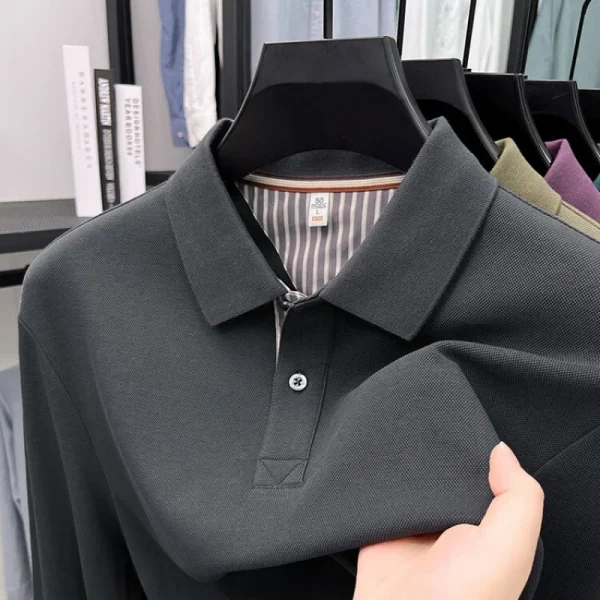 Men's casual long sleeved polo shirt autumn new loose solid color classic versatile lapel T-shirt 2