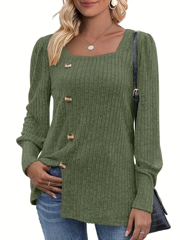 Maglione lavorato a maglia a costine con collo quadrato solido, maglione diviso a maniche lunghe con bottoni casual per la primavera e l'autunno, abbigliamento da donna 2