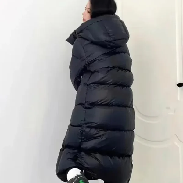 Giacca invernale imbottita in cotone sciolto da donna Cappotto lungo sopra il ginocchio da donna coreano imbottito in cotone caldo nero con cappuccio femminile 6