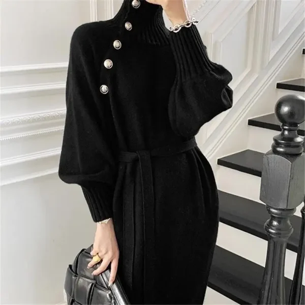 Abiti vintage chic autunno inverno donna dolcevita solido fasciatura con bottoni moda manica lunga ampia abito dritto lavorato a maglia 5