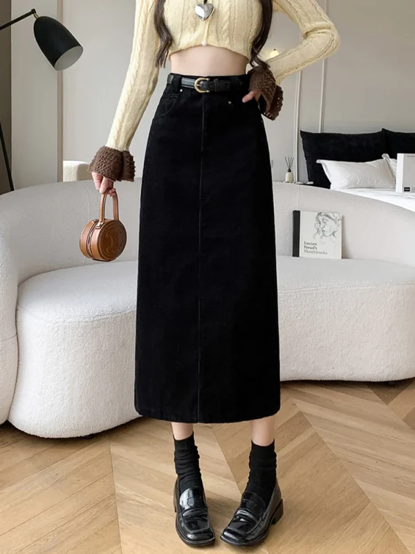 Gonna lunga da donna in velluto a coste invernale Donna Vintage a vita alta Wrap Cargo Gonne aderenti con cintura A-line Nero Marrone Faldas Largas 5