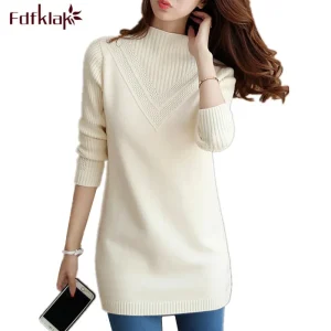 Primavera Autunno Inverno Nuovo maglione a collo alto Maglione da donna Medio lungo in maglia spessa Top Pullover che tocca il fondo Maglioni Pulls Femmes 1