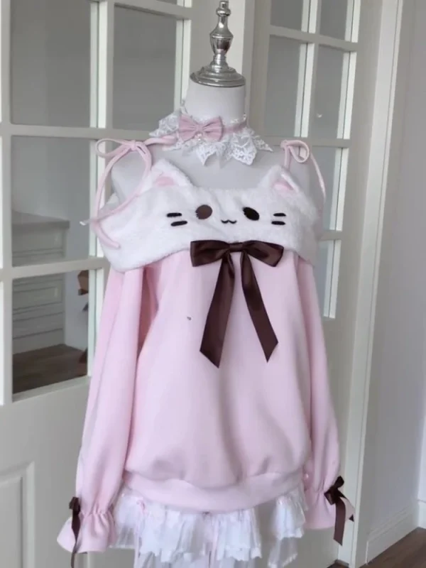 Felpa giapponese patchwork kawaii simpatico cartone animato allentato grunge slash neck fasciatura top casual Y2k fiocco estetico abbigliamento donna 2
