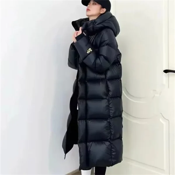 Giacca invernale imbottita in cotone sciolto da donna Cappotto lungo sopra il ginocchio da donna coreano imbottito in cotone caldo nero con cappuccio femminile 5