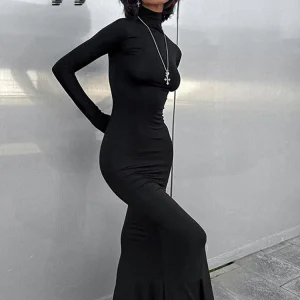Ahagaga Fashion Solid Women Maxi Dresses elegante dolcevita Sexy manica intera Casual Slim Bodycon Vestidos Party Robe manica intera 1