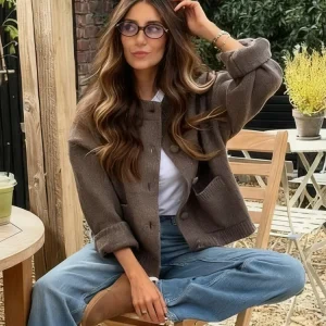 Maglione a maniche lunghe girocollo moda per donna Cappotti con tasche lavorate a maglia monopetto chic 2025 Maglieria solida autunno inverno 1