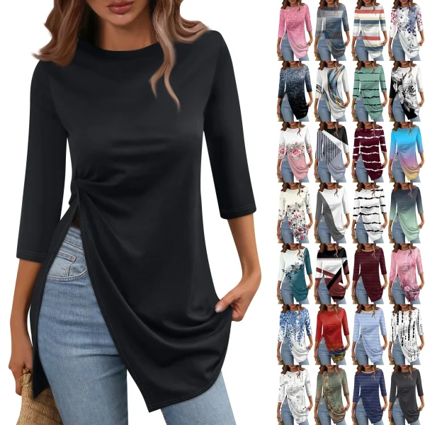 T-shirt da donna estiva minimalista tinta unita moda Casual con orlo diviso girocollo manica a tre quarti top Skinny traspiranti 5