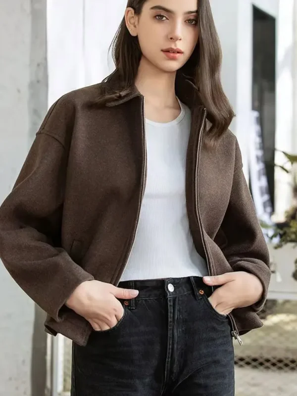 HH Giacca di lana con cerniera marrone moda per donna Cappotti corti a maniche lunghe con risvolto elegante Capispalla vintage da donna autunnale 4
