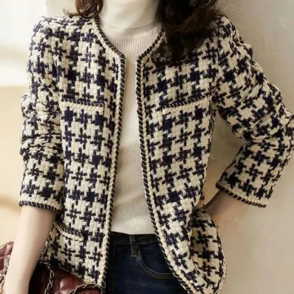 Giacca da donna a maniche lunghe con o-collo vintage scozzese con linea luminosa in seta brillante con bottoni ricoperti Cappotto corto da donna 4