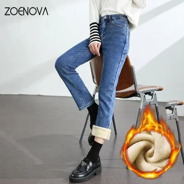 ZOENOVA Jeans caldi in pile invernale da donna Pantaloni in denim caldo ispessito in cotone elastico dritto sottile retrò Abbigliamento femminile di moda 4