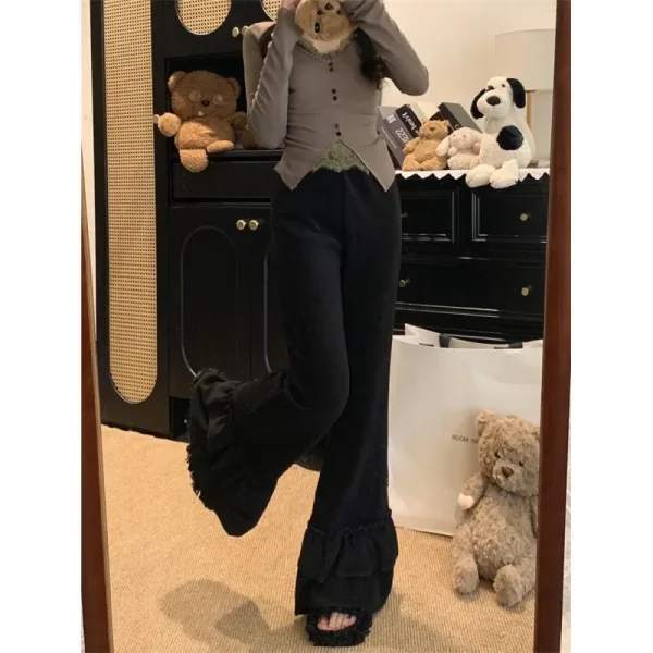 Pantaloni svasati da donna casual all'inizio della primavera con bordi carini Pantaloni lunghi elastici Pantaloni versatili con finiture floreali Dolce adorabile nuovo stile 4