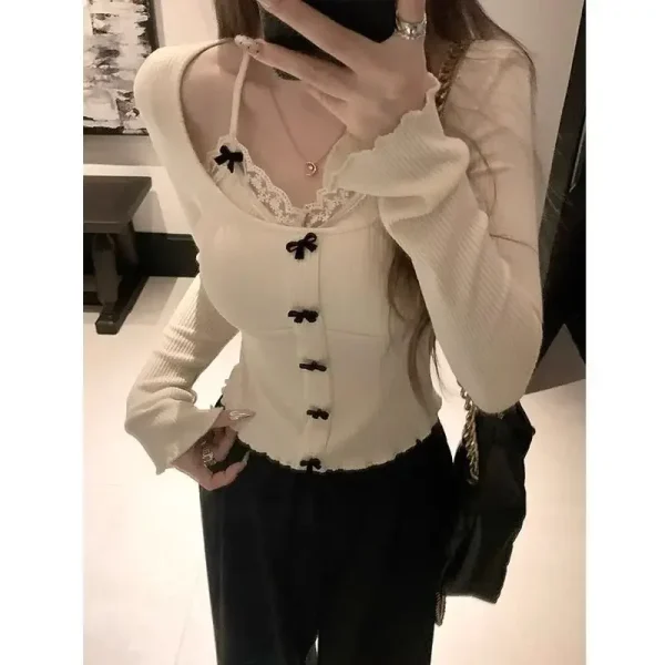 Camicia base con nodo a farfalla in pizzo a collo corto da donna chic all'inizio dell'autunno Colletto quadrato in fibra di poliestere stile ragazza dolce e piccante 4