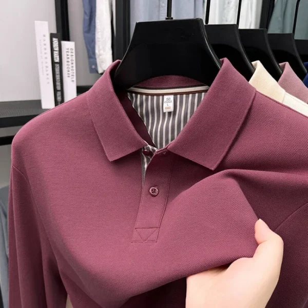 Men's casual long sleeved polo shirt autumn new loose solid color classic versatile lapel T-shirt 3