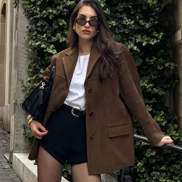 HXAO Giacca da donna Old Money Giacche Giacca in pelle scamosciata marrone Cappotto Giacca vintage da mezza stagione Autunno Inverno Novità in capispalla 2