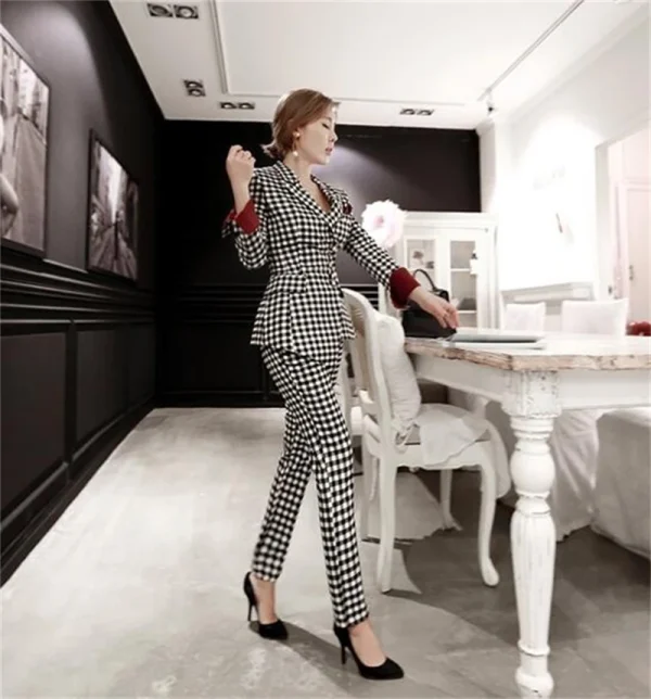 Completo Blazer scozzese Slim Fit da donna Set Casual Office Lady Single Button elegante Blaiser Mujer 2022 nuovo Blazerpants pied de poule 6
