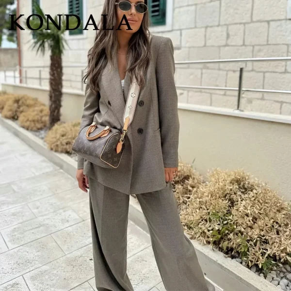KONDALA 2025 Autunno Inverno Office Lady Abiti solidi Moda elegante doppio petto Top per le donne Chic Zip Up Pantaloni a gamba larga 2