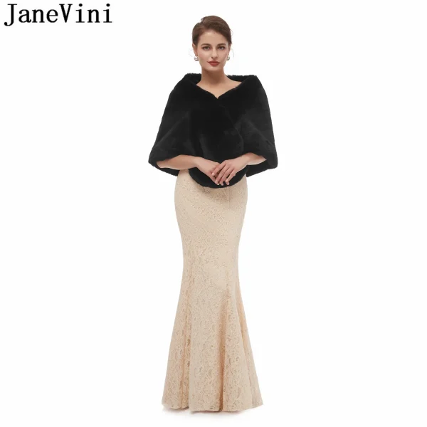 JaneVini 2020 stole in pelliccia sintetica gialla inverno caldo nero abito da sera da sera pelliccia finta scialle da sposa avvolge giacca Bolero mariage cape 5