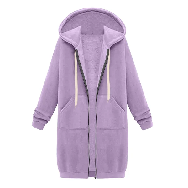 2024 delle nuove donne zip up felpe con cappuccio in pile oversize tunica lunga felpe casual manica lunga autunno con cappuccio tasche cappotto solido 5