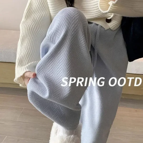 Pantaloni a gamba larga foderati in pile blu Pantaloni lunghi dritti casual larghi a vita alta da donna Pantaloni pigri Pantaloni lunghi fino al pavimento 1