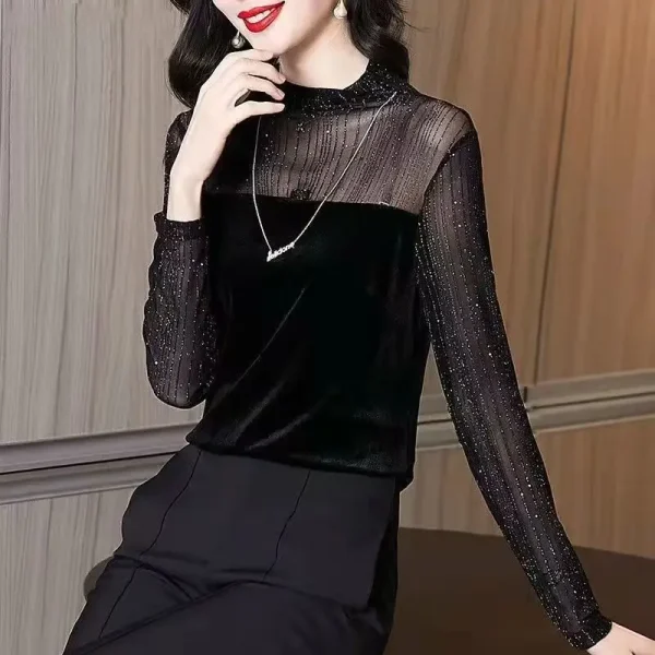 Top a maniche lunghe slim autunno inverno in pizzo Nuovo temperamento a rete T-shirt base a collo alto alla moda 2