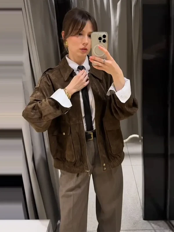 Giacca corta in pelle scamosciata vintage da donna Casual versatile colletto rovesciato cappotti con cerniera 2025 Capispalla autunno inverno moda High Street 2