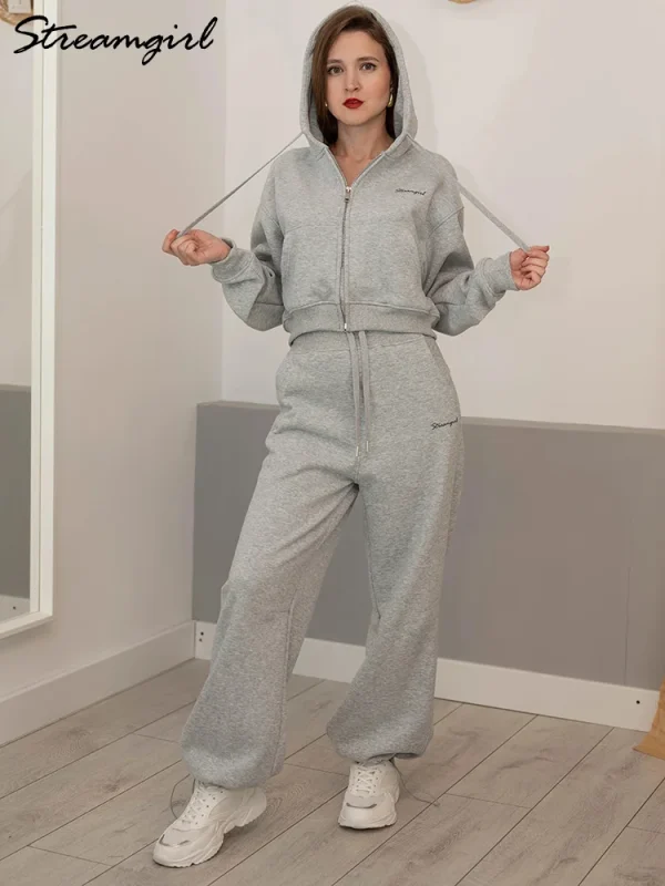 Tute da donna Tuta in pile invernale Marrone caldo Crop Zipper Felpe con cappuccio e pantaloni sportivi Set per donna Set di pantaloni in velluto da 2 pezzi 3