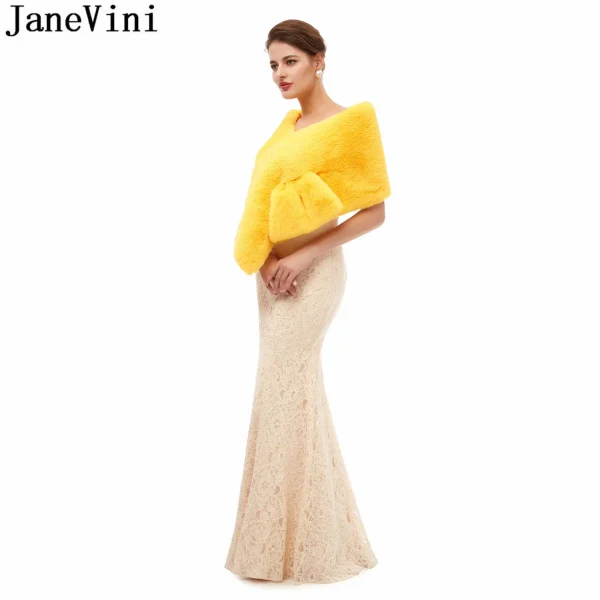JaneVini 2020 stole in pelliccia sintetica gialla inverno caldo nero abito da sera da sera pelliccia finta scialle da sposa avvolge giacca Bolero mariage cape 3